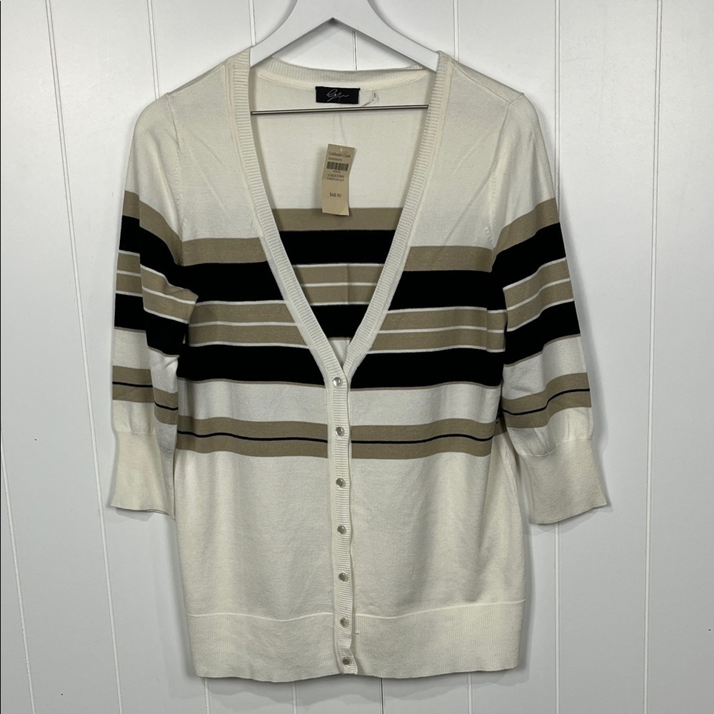 Coldwater Creek Womens Cardigan L White Tan Black 3/4 Sleeves Vneck Button Up